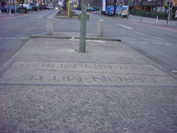 モザイクの床写真。茶色と黒の地味な配色で国境の跡を残す。